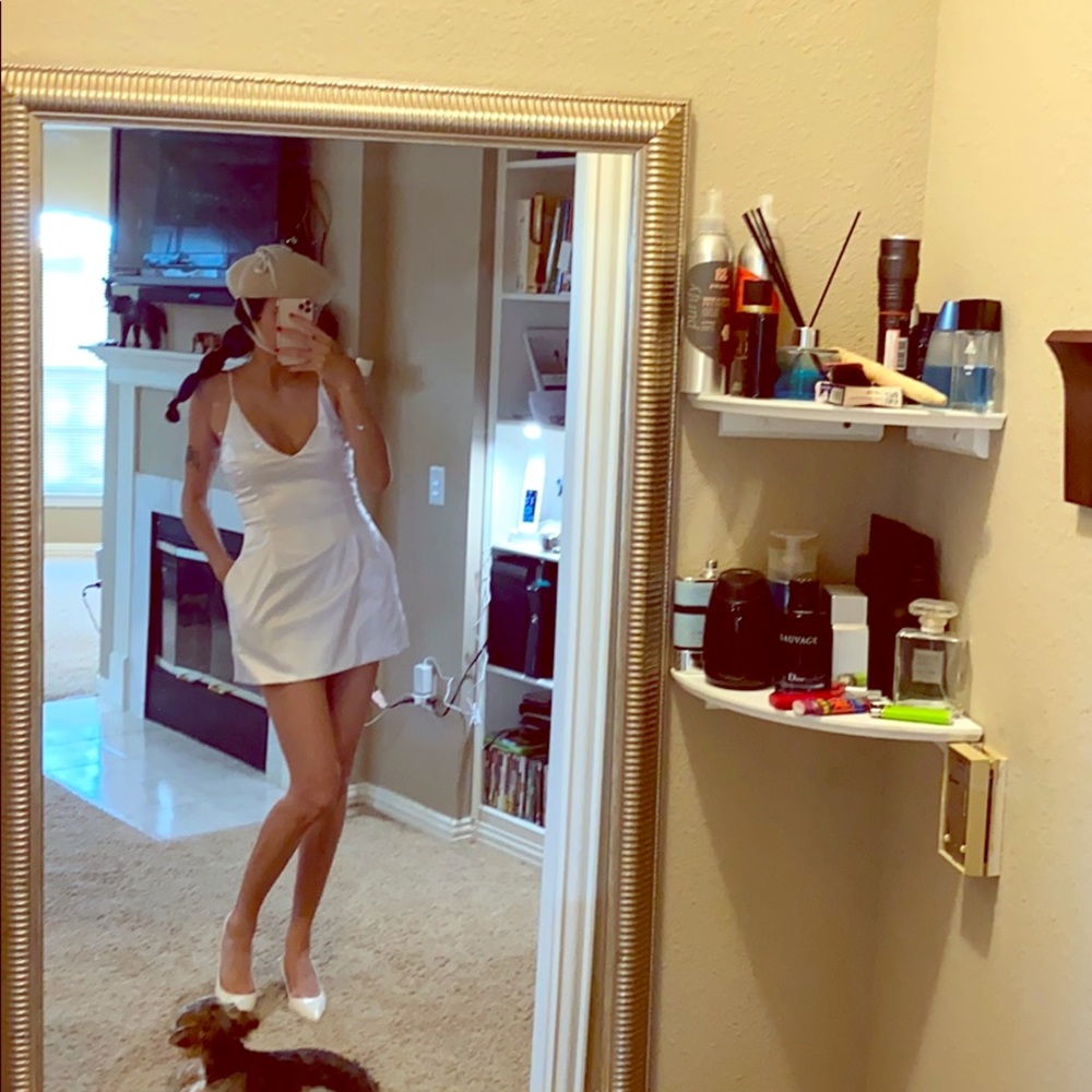 White satin mini pocketed dress $110